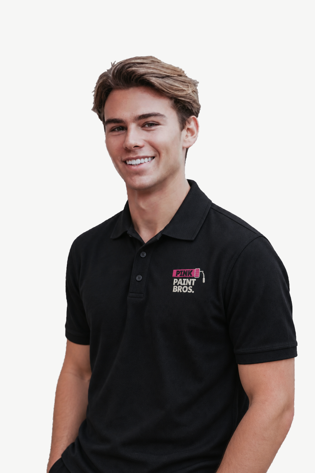 Gavin in a black Pink Paint Bros polo