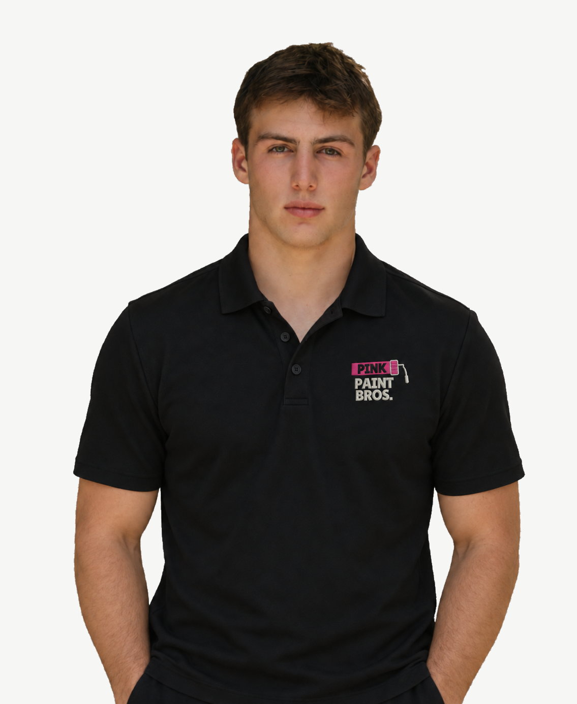 Logan in a black Pink Paint Bros polo